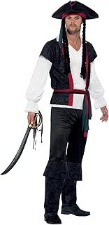Smiffys Aye Aye Pirate Captain Costume - Black with Top, Trousers, Tie & Hat with Hair, Fancy Dress