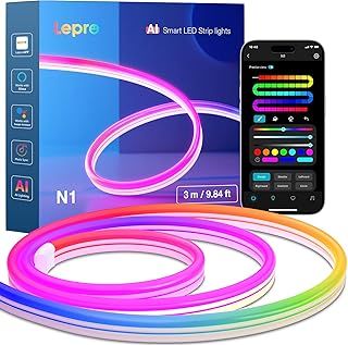 Lepro N1 AI Smart Rainbow Neon Light Strip 3M, 96 LEDs/M, Work with Alexa, Google Home, Music Sync, AI Lighting Design Assistant, IP65 Rope Light, MagicColor LED Light, App & Voice Control, No Remote
