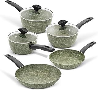 Prestige Eco Non Toxic Pots and Pans Sets Non Stick - 5 Piece Induction Hob Pan Set, PFOA Free Cookware, Dishwasher Safe Cookware Made in Italy of Recyclable Materials, Green