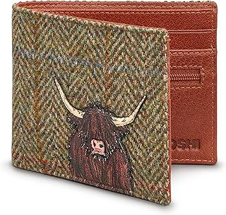 Yoshi Highland Cow Harris Tweed & Leather Wallet, Mens Leather Wallet, RFID Wallet, Brown Leather Wallet