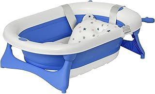 HOMCOM Foldable Baby Bathtub Set, Collapsible Bath Tub with Thermostatic Water Plug, Non-Slip Support, Cushion Pad, Drain Plugs, for Newborn to 3 Years - Blue
