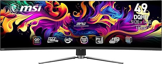 MSI MPG 491CQP QD-OLED 49 Inch DQHD Curved Gaming Monitor-5120x1440(32:9) Quantum Dot OLED Panel,144Hz/0.03ms,99.28% DCI-P3,ΔE≤2,DisplayHDR True Black 400, KVM-DP 1.4a,HDMI 2.1,USB Type C(PD:90W)