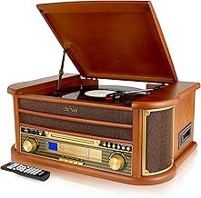 Denver 8-in-1 CD Bluetooth Cassette Player Retro Wooden Record Player HiFi System – 3 Speed Vinyl Turntable & Cassette With CD Player, FM/AM Radio, MP3 USB Recording, AUX IN And Line Out – MCR-50BT