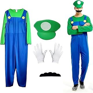 Party Costumes, 4 Pack Cosplay Costume Accessories Kits with Bodysuit, Hats Cap, Mustaches, White Gloves, Bros Fancy Dress Green Outfit Costume for Women or Men（Green）