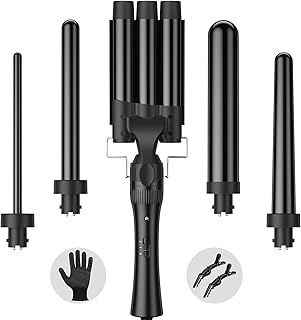Hair Waver Curling Wand Iron Tong, Chopstick, 5 in 1 Hair Curler for Long Hair 10mm-32mm with 2 Crocodile Clips 1 Anti-Scald Silicone Gloves, PTC Ceramic Triple Barrels LCD 180°C & 210°C