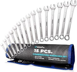WerkFix Combination Spanner Set 15-Piece 6-21 mm Made of CRV Steel, Laser-Marked, matt-Finished, in tetron roll Bag