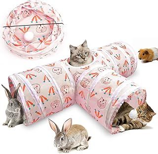 ERKOON 3-Way Rabbit Tunnel, Rabbit Cat Play Tunnel, 25cm Colorful Collapsible Cat Rabbit Pop-up Tunnel Tube with Funny Cat Pompon Maze House for Cat, Rabbit, Guinea Pigs, Hamster, Kitten, Puppy ect