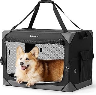 Lesure Dog Travel Crate Medium - Pet Soft Sided Carriers for Dogs Outdoor, Foldable Portable Puppy Crates for Cats, Collapsible Dog Carrier for Car, Black, 61x40x40cm