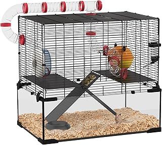 PawHut Large Hamster Cage, Gerbil Cage with Deep Glass Bottom, Tunnels, Non-Slip Ramps, Exercise Wheels, Water Bottle, Dish, 60 x 40 x 57cm