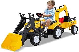 Kids Ride on Bulldozer, 3-in-1 Children Pedal Ride on Excavator with Detachable Trailer, Adjustable Digging & Shovel Bucket, Horn Sound, Toddler Tractor Toy Car for 3-6 Years Old (Yellow)