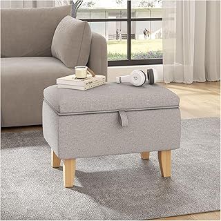 INMOZATA Linen Fabric Footstool Storage Upholstered Ottoman Pouffe Stool Change Shoe Footrest Wooden Legs for Living Room Bedroom Light Grey