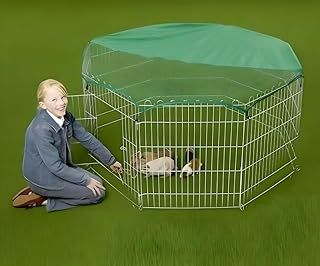 Double Dragon Pet Playpen | Portable & Foldable Exercise Pen for Dogs & Small Animals | Galvanized Metal, Breathable Mesh, Water-Rust Resistant Base | Safety Net and Sun Shield Cover included (55inch)