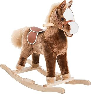 HOMCOM Kids Children Plush Rocking Horse Wooden Base Ride On Toy Rocker with Handle Grip Traditional Toy Fun Gift for Age 3+ (Brown)