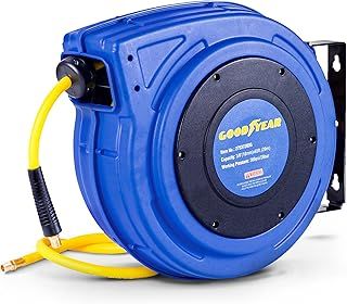 Goodyear Air Hose Reel Retractable 9.5mm x 20m Hybrid Polymer Hose Max 20BAR Commercial Polypropylene Construction w/Lead-in Hose and PVC Handle