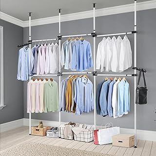 Telescopic Clothes Rail Heavy Duty Clothes Rack Wardrobe Organizer Garment Rack Adjustable Height 257-305cm Width 233-393cm Extending Hanging Rail for Bedroom 4 Poles 6 Bars White