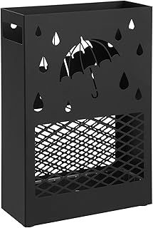 SONGMICS Metal Umbrella Stand, Rectangular Umbrella Holder Rack, with a Removable Drip Tray, 4 Hooks, Cutout Design, for Entryway, Office, Black LUC004B01