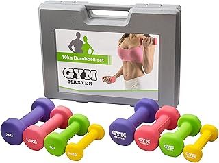 GYM MASTER 10kg Dumbbell Multi Colour Neoprene Soft Touch Hand Weight Set with Carry Case - 0.5kg 1kg 1.5kg 2kg
