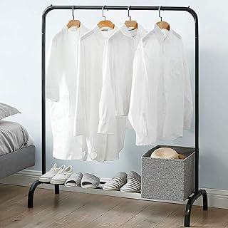 Vivo Technologies Metal Rail Stand with Hanging Rail and Storage Shelf , Clothes Rack for Bedroom, Black