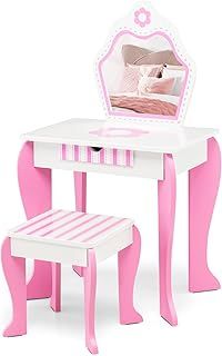 Kids Dressing Table and Stool, Princess Pretend Play Vanity Table Set with Mirror & Drawer, Girls Wooden Makeup Desk for 3-7 Years Old