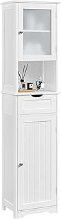 Yaheetech Tall Bathroom Storage Cabinet, Wooden Floor Cabinet with Glass Door, 1 Drawer and Open Shelf, Freestanding Storage Organizer with Adjustable Shelf for Kitchen, Living Room, Hallway