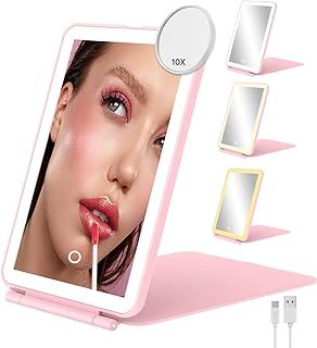 LED Travel Mirror Make up, USB Rechargeable Portable Light up Mirror with Lights, 3 Color Lighting Modes&Adjustable Brightness