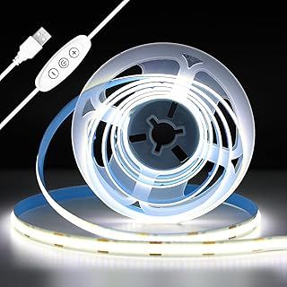 5V USB COB LED Strip Light Cold White 6000K, 6.6ft/2M 640LEDs LED Strips Dimmable, CRI 93+, Flexible LED Tape Lights for TV Backlight, Cupboard, Mirror, Wardrobe, Home Decor