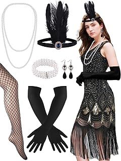 PLULON 1920s Dresses for Women, Sequin Fringed Gatsby Flapper Cocktail Dresses 1920s with 20s Accessories Set, Roaring 20s Costumes