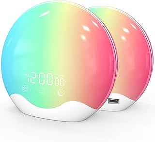 Cadrim Sunrise Alarm Clock Wake Up Light Two-sided Simulation Sunrise Sunset Daylight Alarm Clock Bedside Lamp 20 Brightness 12 Colour Mode 5 Sounds 20 Volume Touch Control Dual Alarms Snooze FM Radio