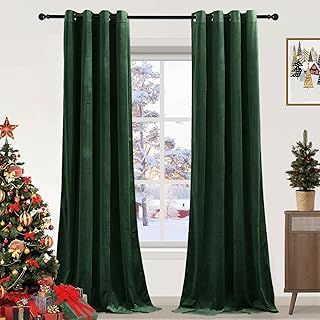 PONY DANCE Dark Green Velvet Curtains - Thermal Eyelet Blackout Curtains Soundproof & Room Darkening Window Treatment for Living Room/Bedroom, 52x84 Inch