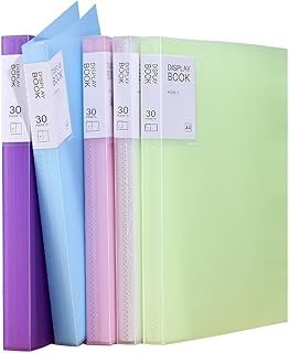 A4 Display Book with 5pcs, 30 Pockets, Plastic Sleeves - Presentation Document Project Folders for School Office, 5 Colours