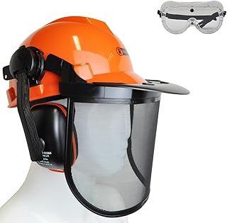 RocwooD Orange Chainsaw Helmet Safety Hard Hat With Full Mesh Visor & Ear Defenders Forestry Protective Gear For Petrol Or Electric Brush Cutter Chain Saw Strimmer PPE Equipment Free Goggles