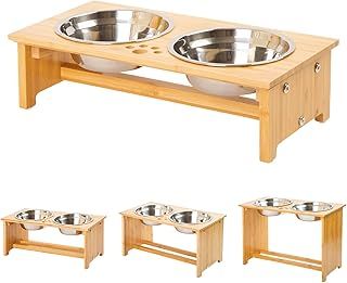 FOREYY Raised Dog Bowls for Cats and Dogs - Bamboo Elevated Dog Cat Food and Water Bowls Stands Feeder Dishes with 2 Stainless Steel Bowls and Anti Slip Feet (Small - 10 cm high)