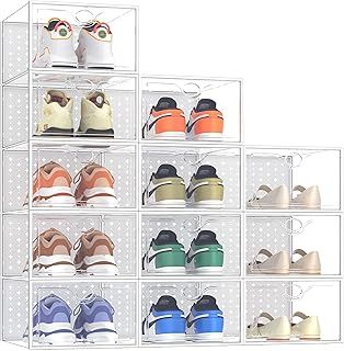 Pinkpum 12 pcs Clear Shoe Boxes, Stackable Plastic Shoes Storage Organiser, Fit Size 9.5, Foldable Sneakers Containers with PP Door Panels, Great Substitute for Shoe Rack, White