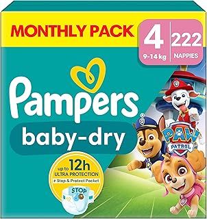 Pampers Baby-Dry Paw Patrol Edition Size 4, 222 Nappies, 9kg-14kg, Monthly Pack, Up to a 100% Leak-Free & Comfortable Night