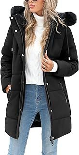 Women's Long Winter Coats Ladies Quilted Jacket Zip up Fleece Lined Coat Thicken Padded Puffer Parka Longline Hoodies Padded Coats with Faux Fur Removable Hood for Outdoor Sport