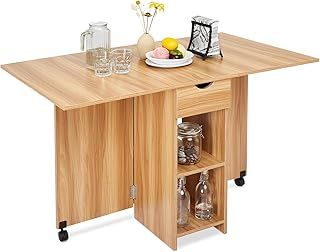 Mondeer Mobile Folding Dining Table, Drop Leaf Table with 1 Drawer and 2 Open Storage Shelves for Small Space Dining Room Kitchen, Red oak