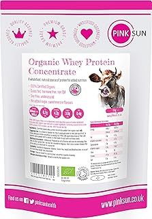 PINK SUN Organic Whey Protein Concentrate Powder Unflavoured 1kg (80% Protein with BCAA) Soy Free Grass Fed Gluten Free No Additives Vegetarian Undenatured Non GM Certified Bio UK