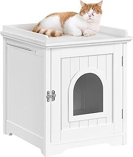 Yaheetech Hidden Cat Litter Box Enclosure, Wooden Pet Litter Cabinet Tray with Raised Edges, Holes & Side Bar for Small Kitty or Medium Cat Use, Bedroom, Bathroom & Living Room