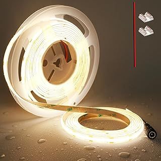 TOPAI 12V COB LED Strip Light Warm White 3000K IP65 Waterproof 5M 480LEDs/M Dotless Super Bright 4000Lm CRI >90 Self Adhesive Cuttable Flexible for Cabinet Home DIY Lighting Projects