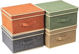 BrilliantJo Storage Boxes with Lid, Foldable Clothing Storage Basket case with Handle for Closet, Bedroom, Home, 33.5L x 31.75W x 17.5H(cm) 4 mixed colors A