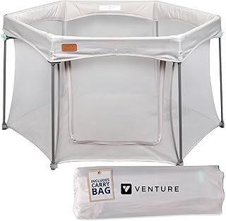 Venture All Stars Joy Award-Winning Foldable Baby Playpen – Large, Portable Play Pen for Babies & Toddlers, Breathable Mesh & Fitted Mat, Easy to Set Up, Includes Travel Bag - Silver (6-36 Months)