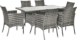 Outsunny 7-Piece Rattan Garden Furniture Set with Cushions, 6 Seater Garden Table and Chairs, Rattan Dining Set with 6 Armchairs, Rectangular Glass Top Table, Grey