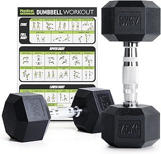 PhysKcal Hex Dumbbells Set, Odourless Poly Rubber Encased Dumbbells 2.5KG~30KG Single or Pair, Home Gym Weights Set