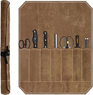 Chefs Knife Roll Bag Knife Bags for Chefs 12 OZ Waxed Canvas Knife Bag,Knife Case Storage 7 Slots Knife Wallet Cutlery Tool Roll Case Bag with Wrap Waxed Canvas Knife Bag for Camping-Hold