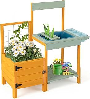 COSTWAY Kids Potting Bench Table, Wooden Mud Kitchen with See-Through Window, Planter Box, Treills, Sink, Gardening Toys, Outdoor Play Kitchen for Boys Girls Ages 3-8