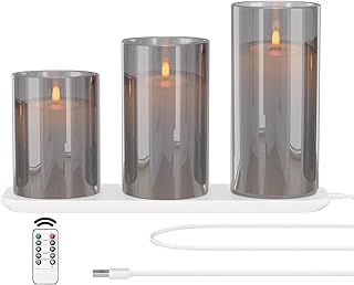 Rechargeable LED Flameless Candles Flickering, LED Candle Lights Flameless Flickering Lights with Remote Control 2/4/6/8-hrs Timer Function, Flickering Candles Set of 3 x H4''/5''/6''' - Grey