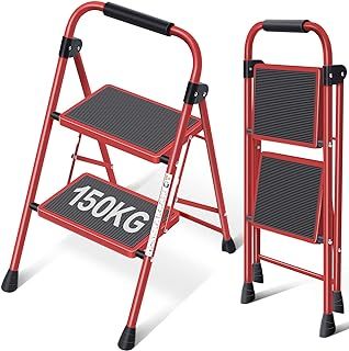 KINGRACK 2 Step Ladder, Folding Ladder with Non-Slip and Wide Pedal, Small Ladder with Handle, Sturdy Steel Ladder, Lightweight and Portable Step Ladder, Red