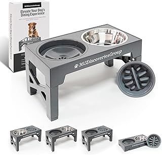 Raised Dog Bowl Stand. Includes 1xSteel Bowl,1 Slow feeder,1water Bowl, Adjustable Dog Feeding Station for Elevated Food Eating Experience. Small, Medium Large Dog