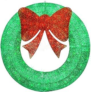 48in Outdoor Christmas Wreath Decoration - Large Lighted Christmas Wreath Outdoor Pre-Lit LED Metal Holiday Decor for Home Exterior and Garden with 140 Lights, Extension Cable, Festive Bow - Green