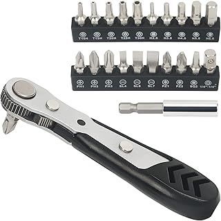 STREBITO Mini Ratchet Set, 22-Piece 1/4 Ratchet Right Angle Screwdriver, 36-Tooth Small Ratcheting Wrench Bit Ratchet For Tight Spaces, with Phillips, Slotted, Torx, Hex, Square and Adapter for Socket
